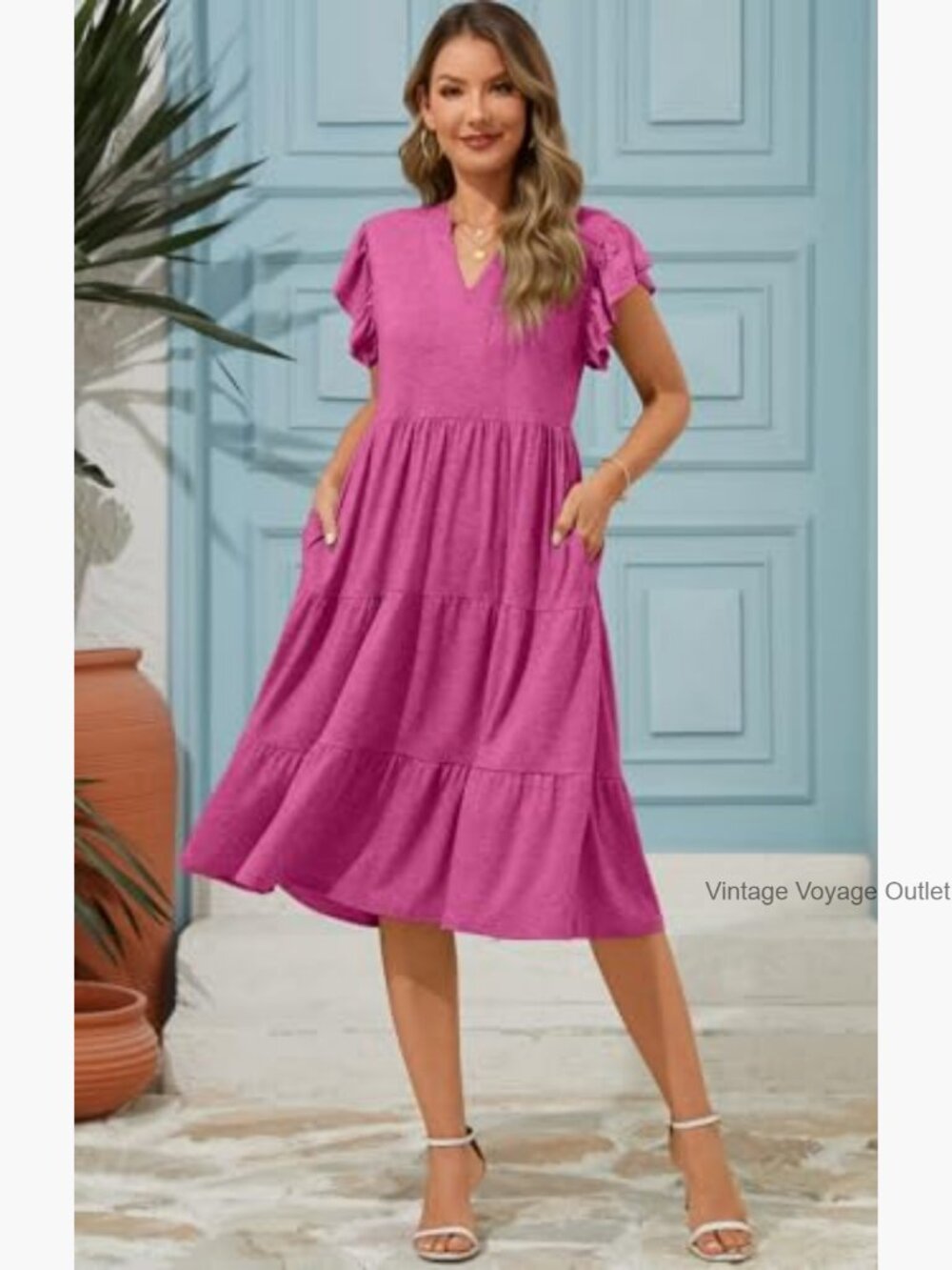 Womens Summer Dress Ruffle Sleeve V Neck Midi Casual Dress Flowy Tiered Boho - Picture 3 of 5